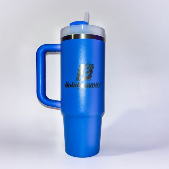 Azure colored Stanley cup, 30 oz, displayed on white background