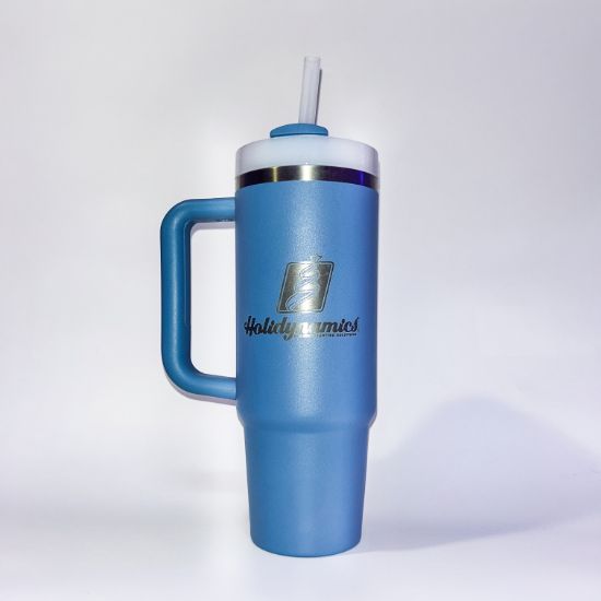 Indigo colored Stanley cup, 30 oz, displayed on white background