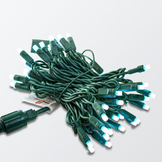 RGBPW 5mm light string displayed bundled and lit on a grey background.