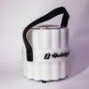 Plastic bluetooth speaker labeled with Holidynamics logo on the middle band displayed unlit and right facing on white background