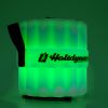 Plastic bluetooth speaker labeled with Holidynamics logo on the middle band displayed lit green and right facing on white background