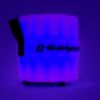 Plastic bluetooth speaker labeled with Holidynamics logo on the middle band displayed lit blue and right facing on white background