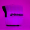 Plastic bluetooth speaker labeled with Holidynamics logo on the middle band displayed lit purple and right facing on white background