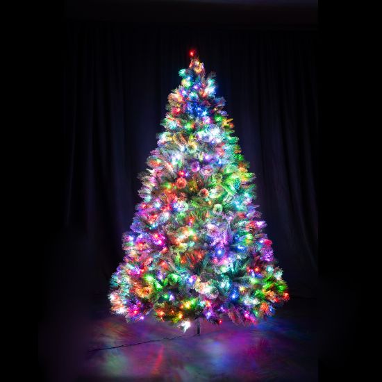 7.5 foot Full Scotch Pine artificial Christmas tree, displayed lit multi-colored on black backdrop