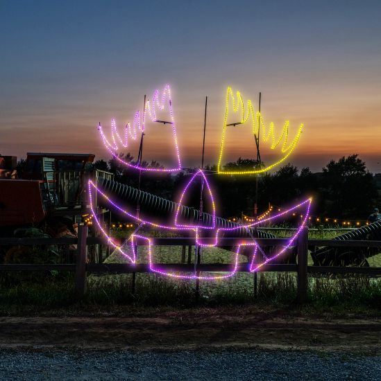 Lady Pumpkin Face Jack-O-Lantern lit in multiple colors at Skinny Bones Pumpkin patch