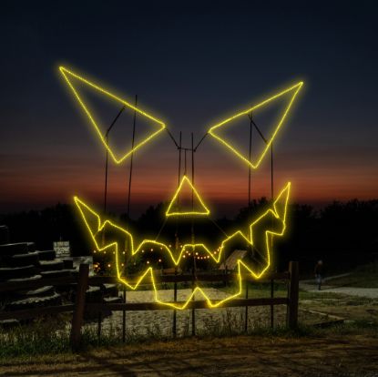 Evil Pumpkin Face Jack-O-Lantern lit in yellow at Skinny Bones Pumpkin patch