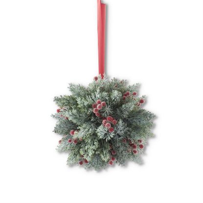 Picture of 9.75" Icy Red Berry & Pine Ball W/Red Ribbon Hanger