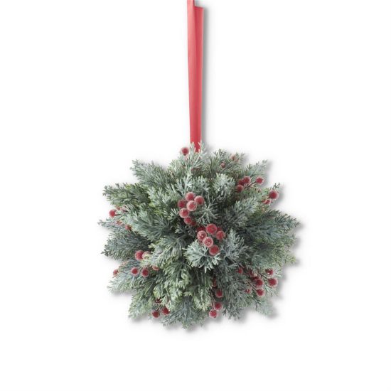 Picture of 9.75" Icy Red Berry & Pine Ball W/Red Ribbon Hanger