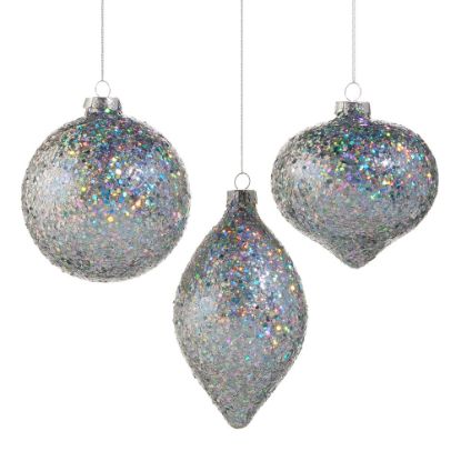 Picture of 4" Glass Silver Iridescent Glitter Ornament