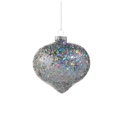 Picture of 4" Glass Silver Iridescent Glitter Ornament, Short Finial