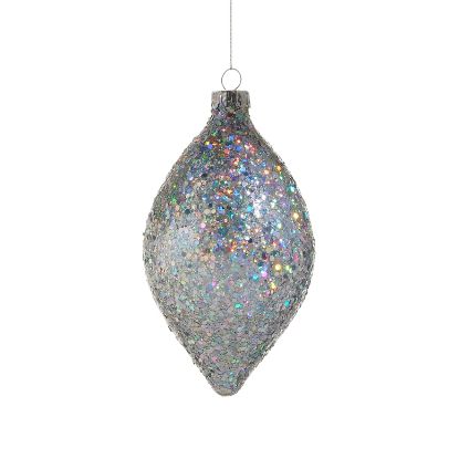 Picture of 4" Glass Silver Iridescent Glitter Ornament, Tall Finial