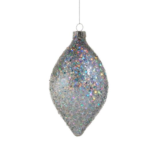 Picture of 4" Glass Silver Iridescent Glitter Ornament, Tall Finial