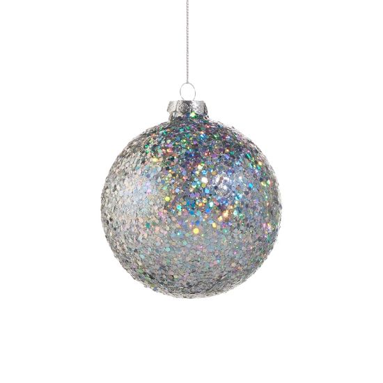 Picture of 4" Glass Silver Iridescent Glitter Ornament, Short Finial