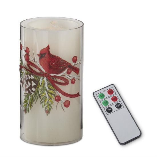 Picture of 7.75 Inch Clear Glass Cardinal & Pinecone Candle Slip Cover with Water Candle