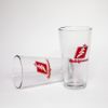 Holidynamics Glass Tumblers one standing and one horizontal on white background
