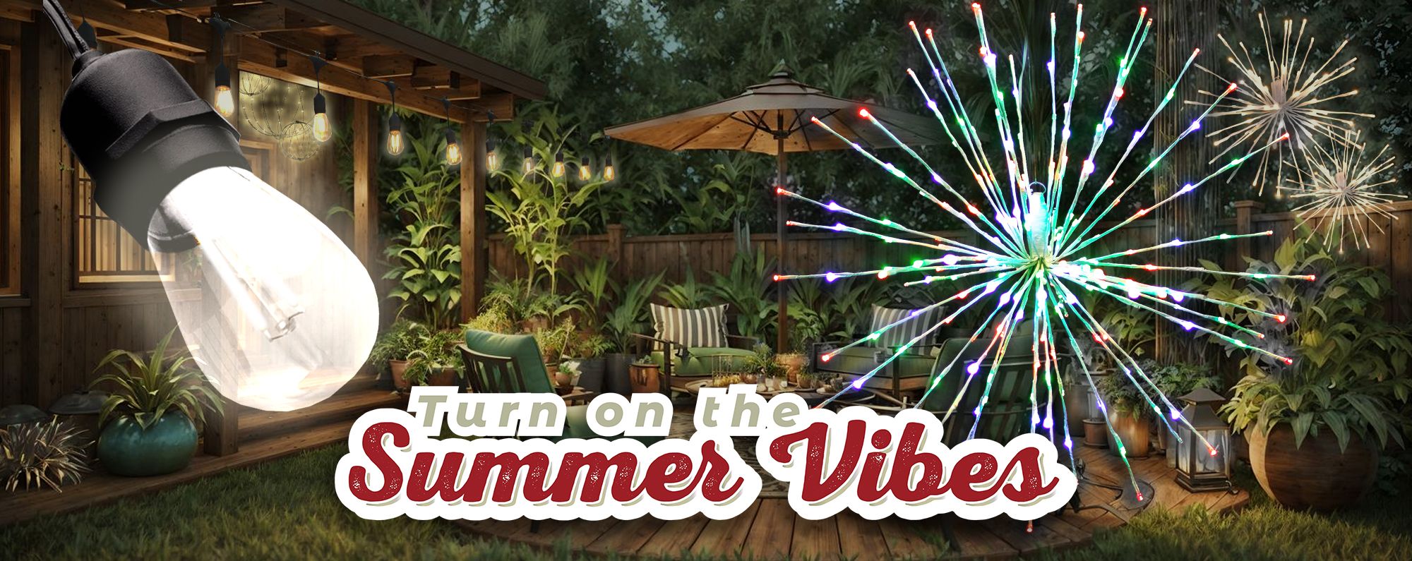 Backyard patio set with multiple lighting options displayed, with overlay of close ups of edison bulb and multi-colored Spritzer.