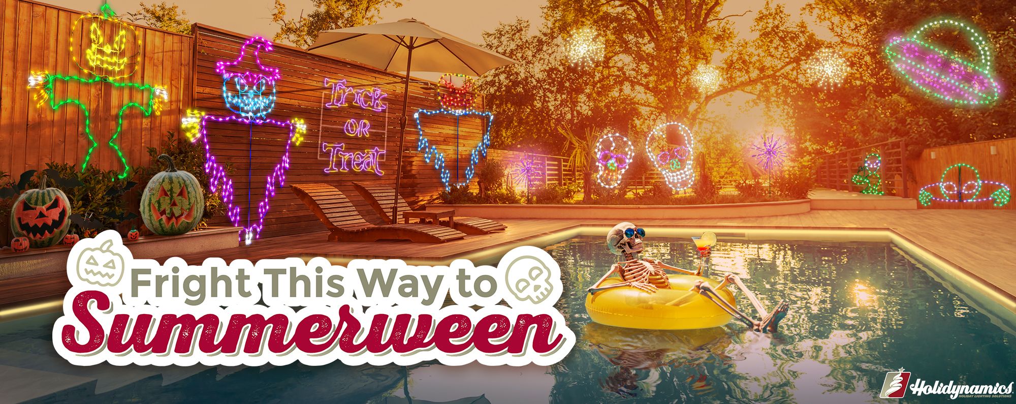 Backyard pool with skeleton floating in lifesaver ring in the pool, surrounded by Halloween themed lights. Text says "Fright this way to Summerween".